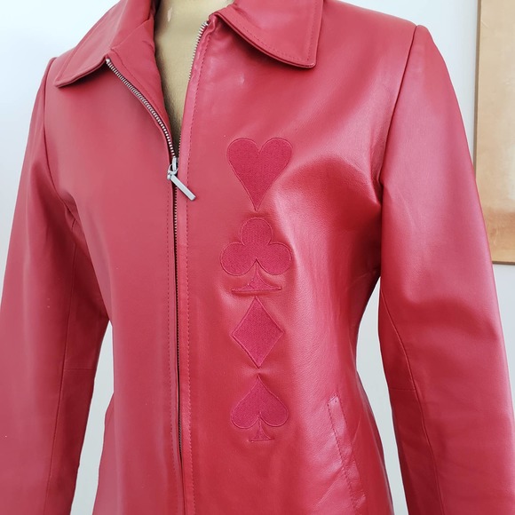 Women's Andrade Red Leather Jacket With Embordered Heart Design Sz M - Picture 6 of 15